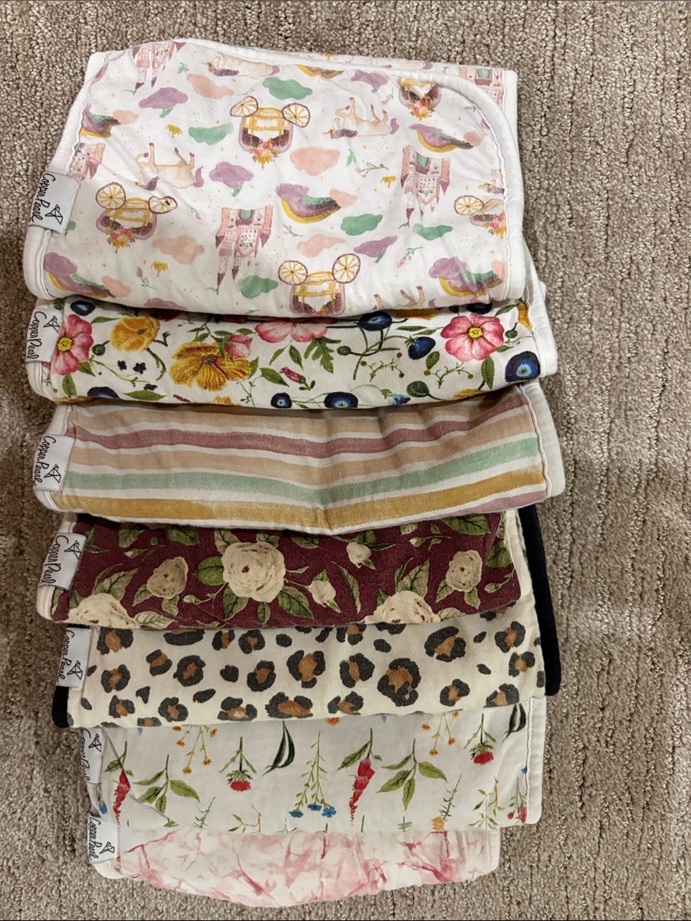 Copper Pearl burp cloths